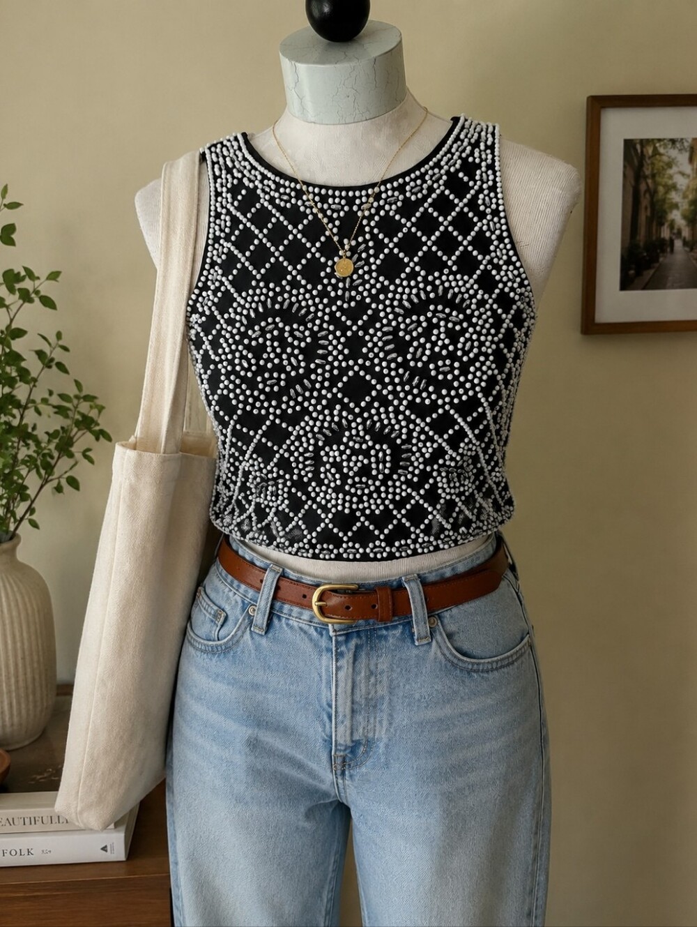 Xscape Black Sleeveless Beaded Crop Top with White and Silver Beads Size 2